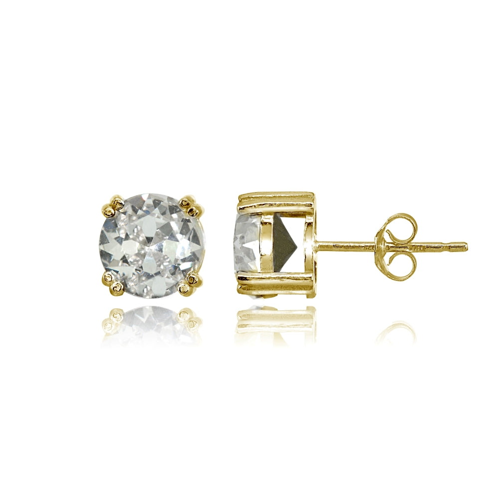 Yellow Gold Flashed Sterling Silver Clear Crystal 8mm Round Solitaire Small Stud Earrings