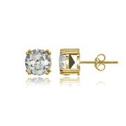 Yellow Gold Flashed Sterling Silver Clear Crystal 8mm Round Solitaire Small Stud Earrings