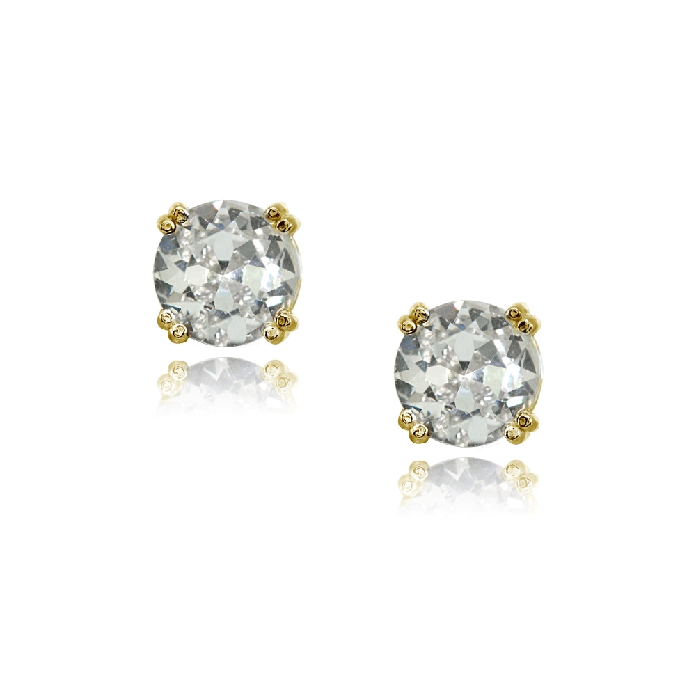Yellow Gold Flashed Sterling Silver Clear Crystal 8mm Round Solitaire Small Stud Earrings-2