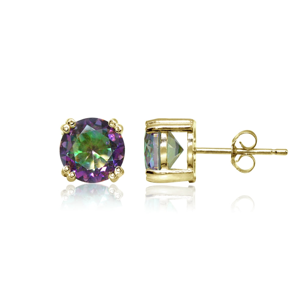 Yellow Gold Flashed Sterling Silver Created Mult Colored Topaz 8mm Round Solitaire Small Stud Earrings