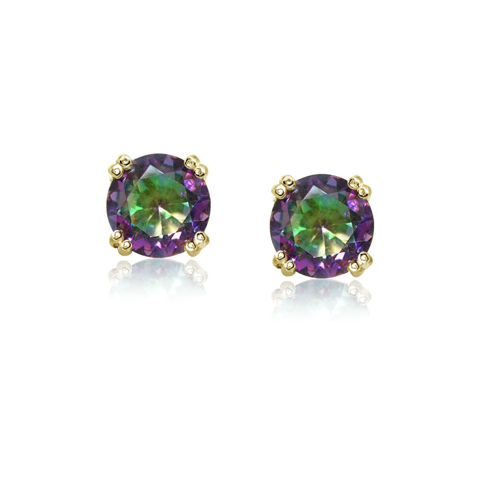Yellow Gold Flashed Sterling Silver Created Mult Colored Topaz 8mm Round Solitaire Small Stud Earrings-2