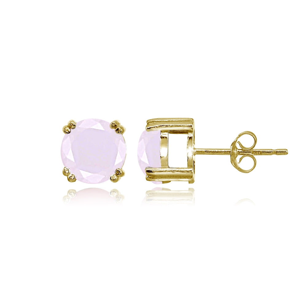 Yellow Gold Flashed Sterling Silver Pink Crystal 8mm Round Solitaire Small Stud Earrings