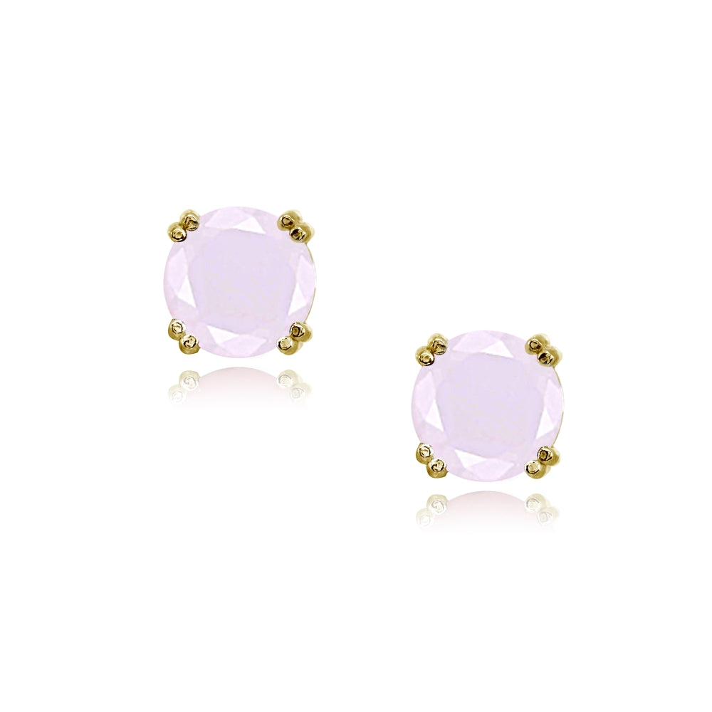 Yellow Gold Flashed Sterling Silver Pink Crystal 8mm Round Solitaire Small Stud Earrings-2