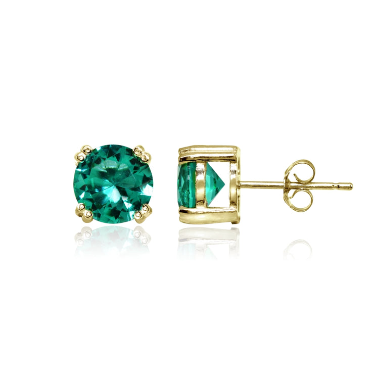 Yellow Gold Flashed Sterling Silver Teal Glass 8mm Round Solitaire Small Stud Earrings