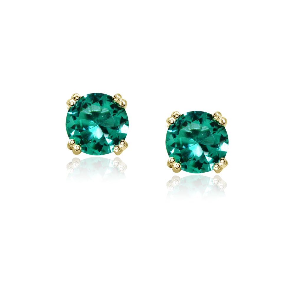 Yellow Gold Flashed Sterling Silver Teal Glass 8mm Round Solitaire Small Stud Earrings-2