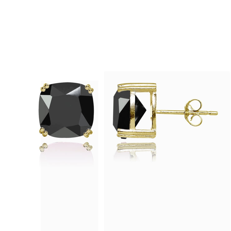 Yellow Gold Flashed Sterling Silver Black Cubic Zirconia 10mm Cushion-Cut Solitaire Small Stud Earrings