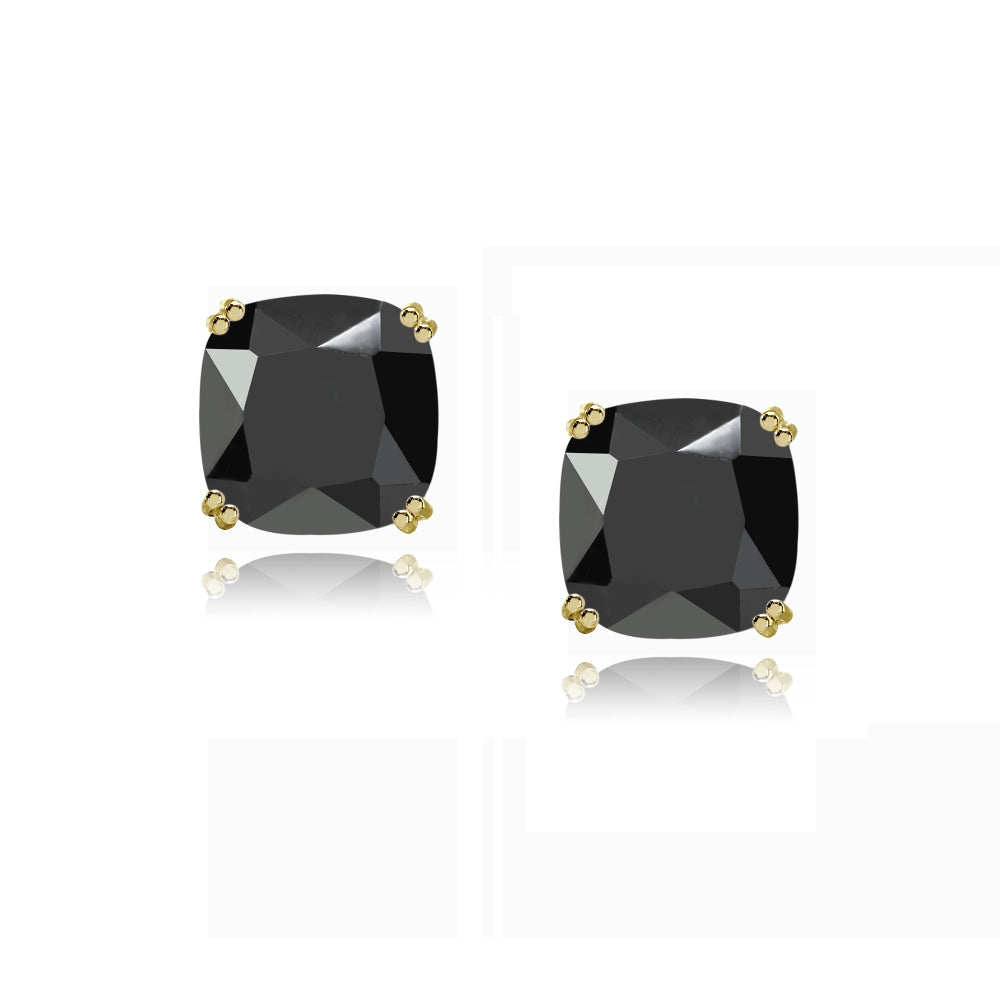 Yellow Gold Flashed Sterling Silver Black Cubic Zirconia 10mm Cushion-Cut Solitaire Small Stud Earrings-2