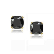 Yellow Gold Flashed Sterling Silver Black Cubic Zirconia 10mm Cushion-Cut Solitaire Small Stud Earrings