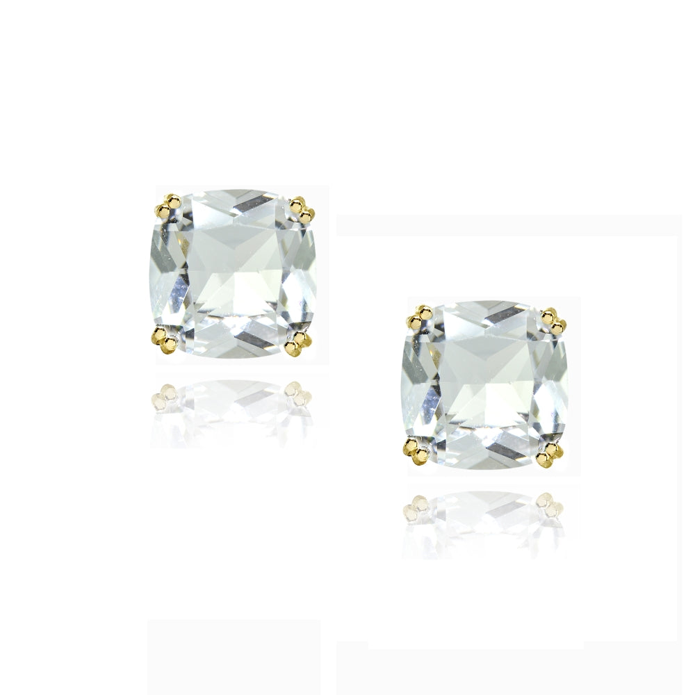 Yellow Gold Flashed Sterling Silver Clear Crystal 10mm Cushion-Cut Solitaire Small Stud Earrings-2