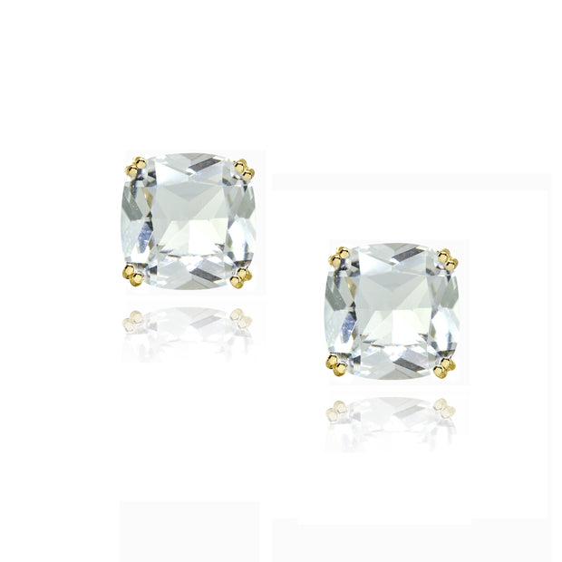 Yellow Gold Flashed Sterling Silver Clear Crystal 10mm Cushion-Cut Solitaire Small Stud Earrings