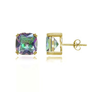 Yellow Gold Flashed Sterling Silver Created Mult Colored Topaz 10mm Cushion-Cut Solitaire Small Stud Earrings