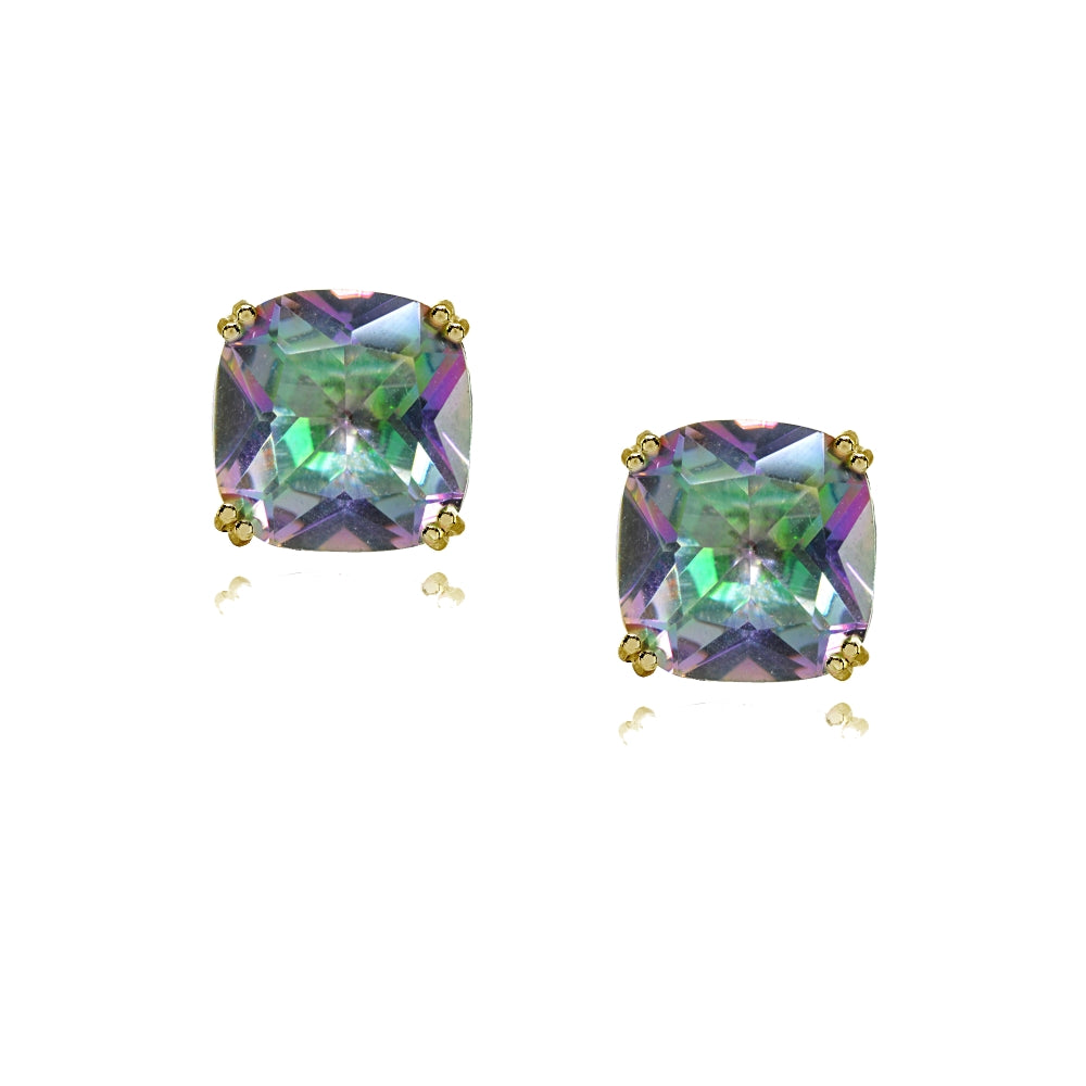 Yellow Gold Flashed Sterling Silver Created Mult Colored Topaz 10mm Cushion-Cut Solitaire Small Stud Earrings-2