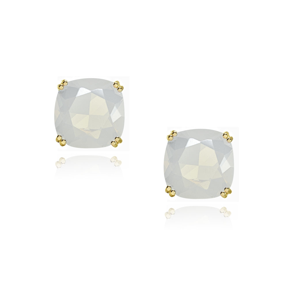 Yellow Gold Flashed Sterling Silver Created White Opal 10mm Cushion-Cut Solitaire Small Stud Earrings-2