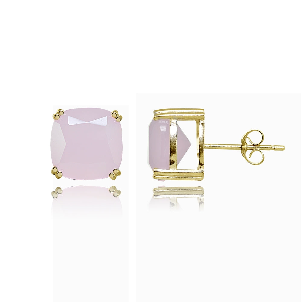 Yellow Gold Flashed Sterling Silver Pink Crystal 10mm Cushion-Cut Solitaire Small Stud Earrings