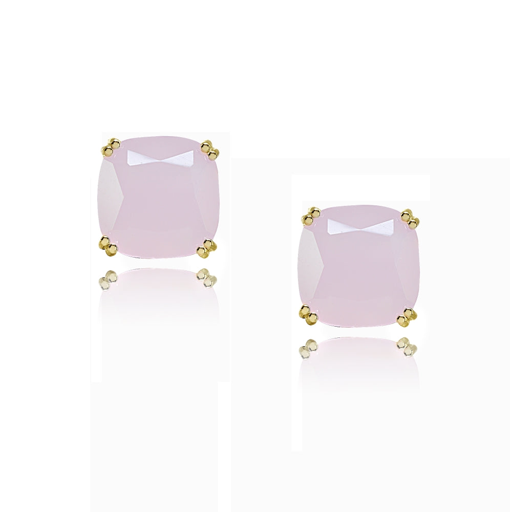 Yellow Gold Flashed Sterling Silver Pink Crystal 10mm Cushion-Cut Solitaire Small Stud Earrings-2