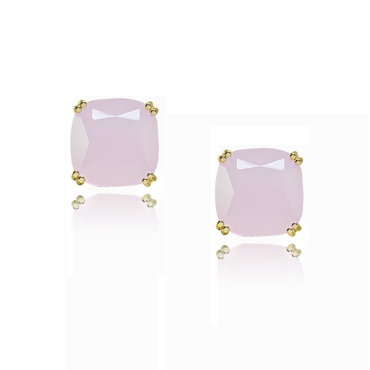 Yellow Gold Flashed Sterling Silver Pink Crystal 10mm Cushion-Cut Solitaire Small Stud Earrings