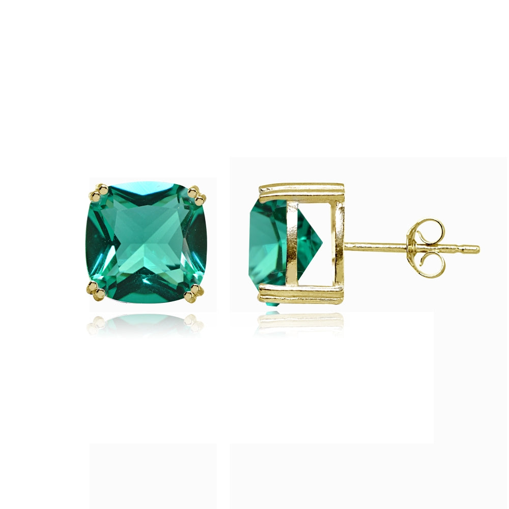 Yellow Gold Flashed Sterling Silver Teal Glass 10mm Cushion-Cut Solitaire Small Stud Earrings