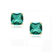 Yellow Gold Flashed Sterling Silver Teal Glass 10mm Cushion-Cut Solitaire Small Stud Earrings