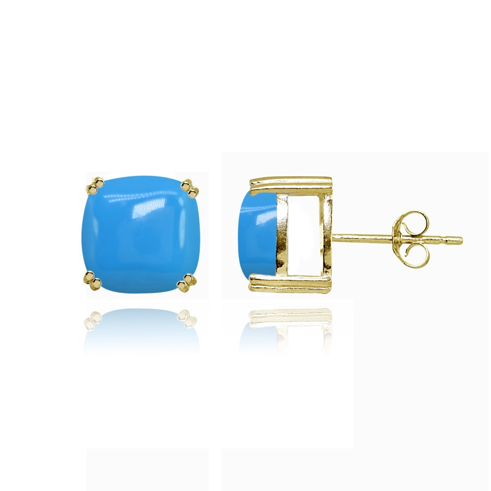 Yellow Gold Flashed Sterling Silver Created Turq 10mm Cushion-Cut Solitaire Small Stud Earrings