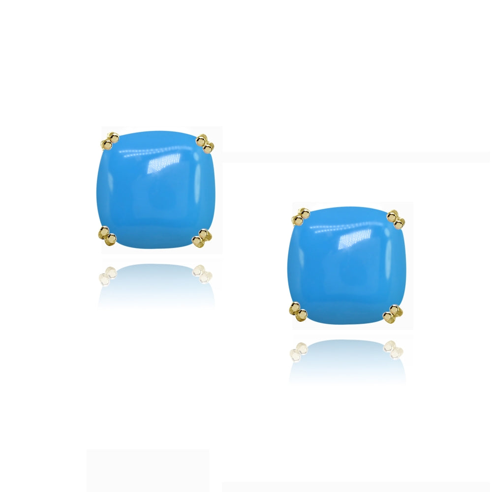 Yellow Gold Flashed Sterling Silver Created Turq 10mm Cushion-Cut Solitaire Small Stud Earrings-2