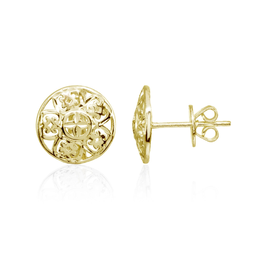 Yellow Gold Flashed Sterling Silver Filigree Round Flower Button Stud Earrings-2