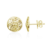 Yellow Gold Flashed Sterling Silver Filigree Round Flower Button Stud Earrings