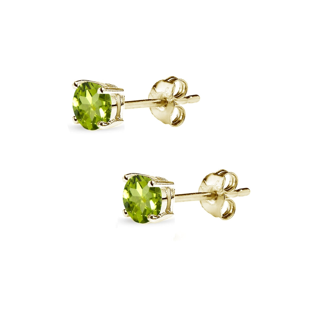 Yellow Gold Flashed Sterling Silver Peridot 4mm Round-Cut Solitaire Stud Earrings-2