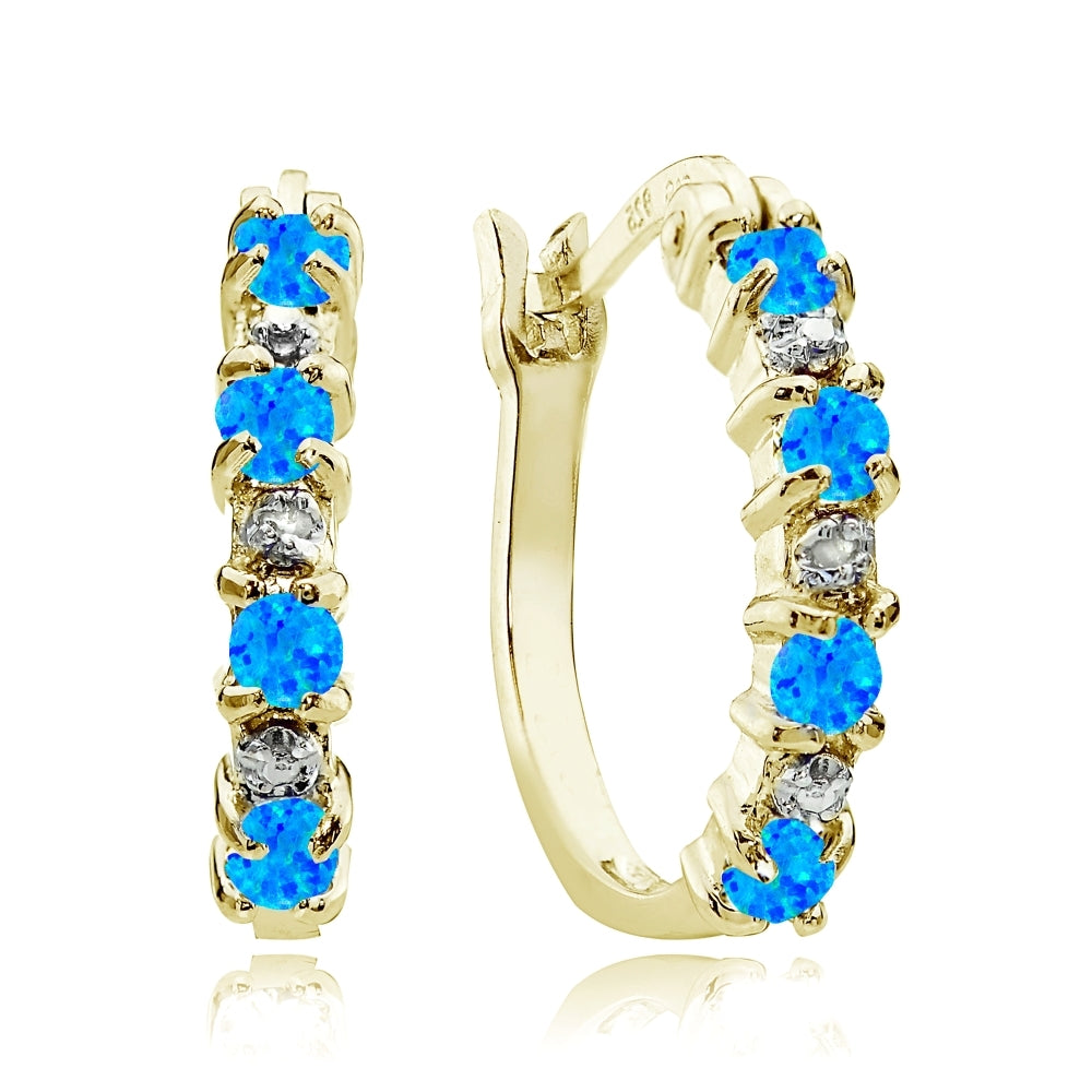 Gold Tone over Sterling Silver Created Blue Opal and Diamond Accent Hoop Earrings
