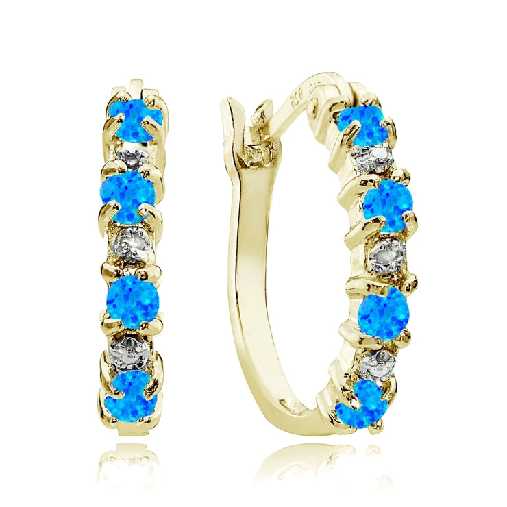 Gold Tone over Sterling Silver Created Blue Opal and Diamond Accent Hoop Earrings