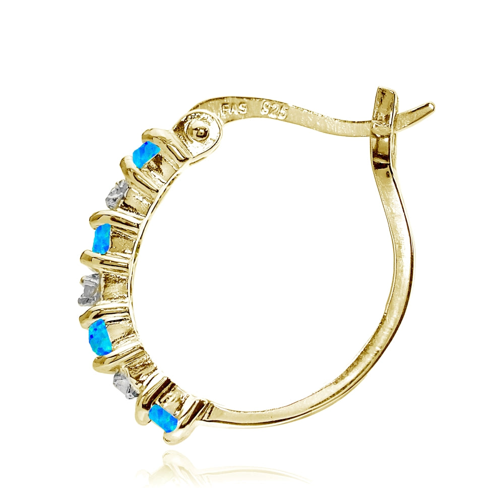 Gold Tone over Sterling Silver Created Blue Opal and Diamond Accent Hoop Earrings-2