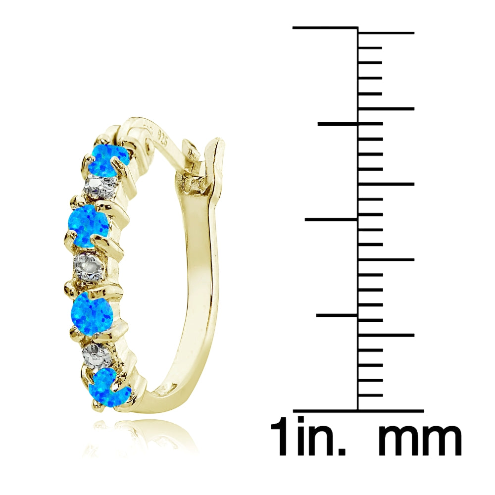 Gold Tone over Sterling Silver Created Blue Opal and Diamond Accent Hoop Earrings-3