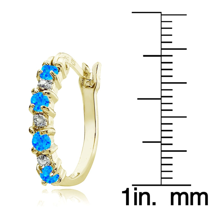 Gold Tone over Sterling Silver Created Blue Opal and Diamond Accent Hoop Earrings
