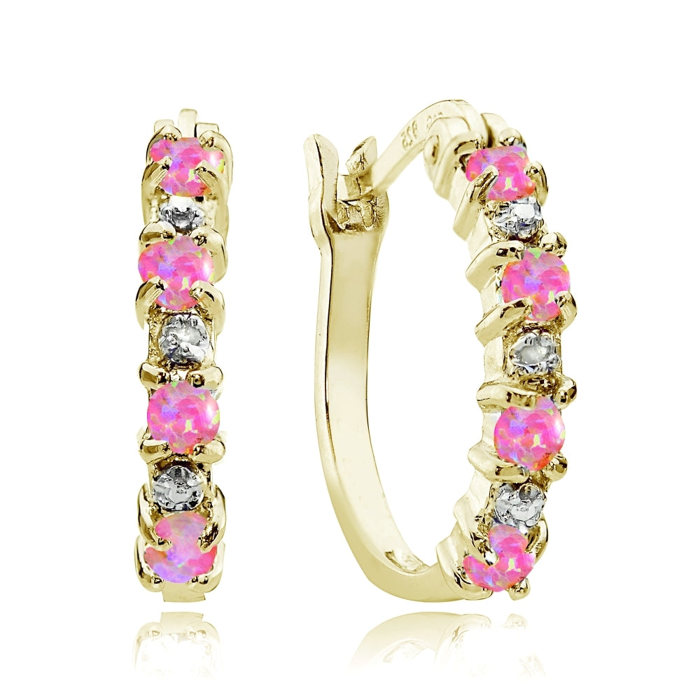 Gold Tone over Sterling Silver Created Pink Opal and Diamond Accent Hoop Earrings