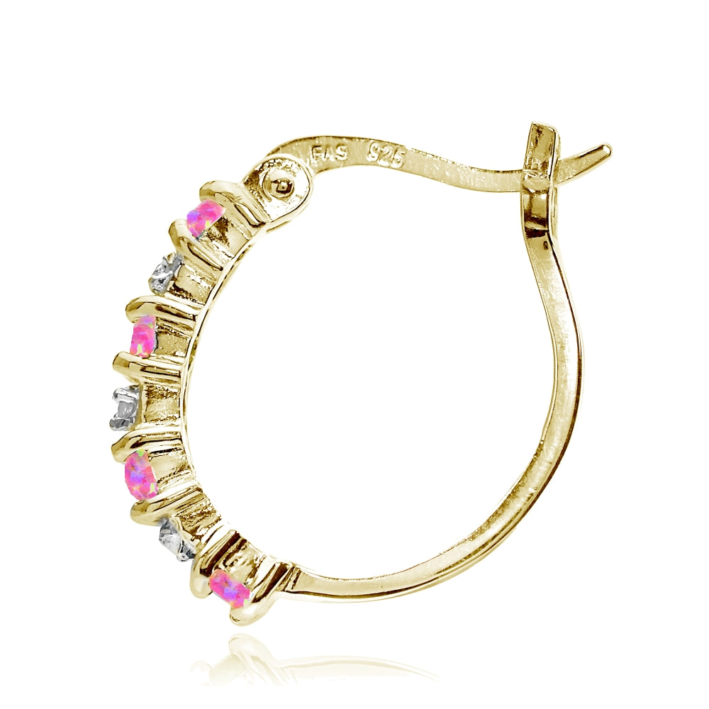 Gold Tone over Sterling Silver Created Pink Opal and Diamond Accent Hoop Earrings-2