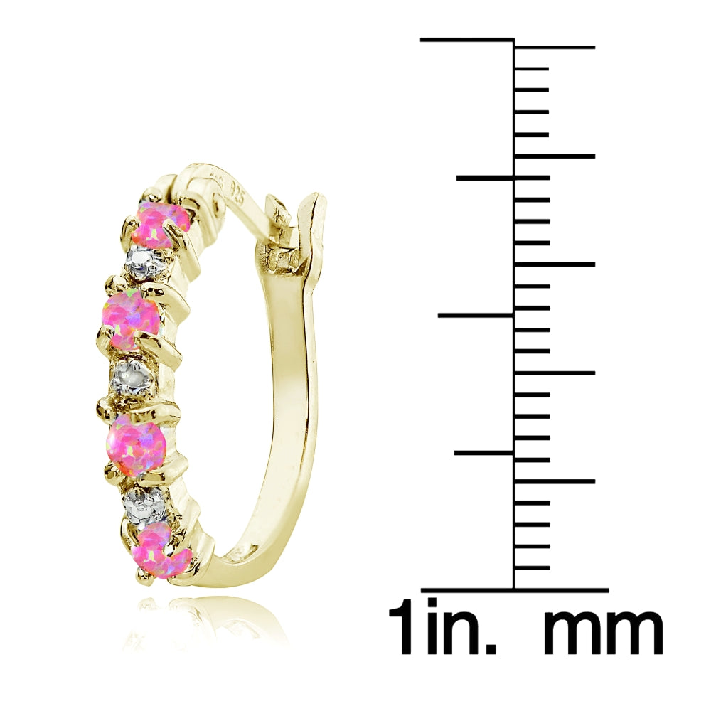 Gold Tone over Sterling Silver Created Pink Opal and Diamond Accent Hoop Earrings-3