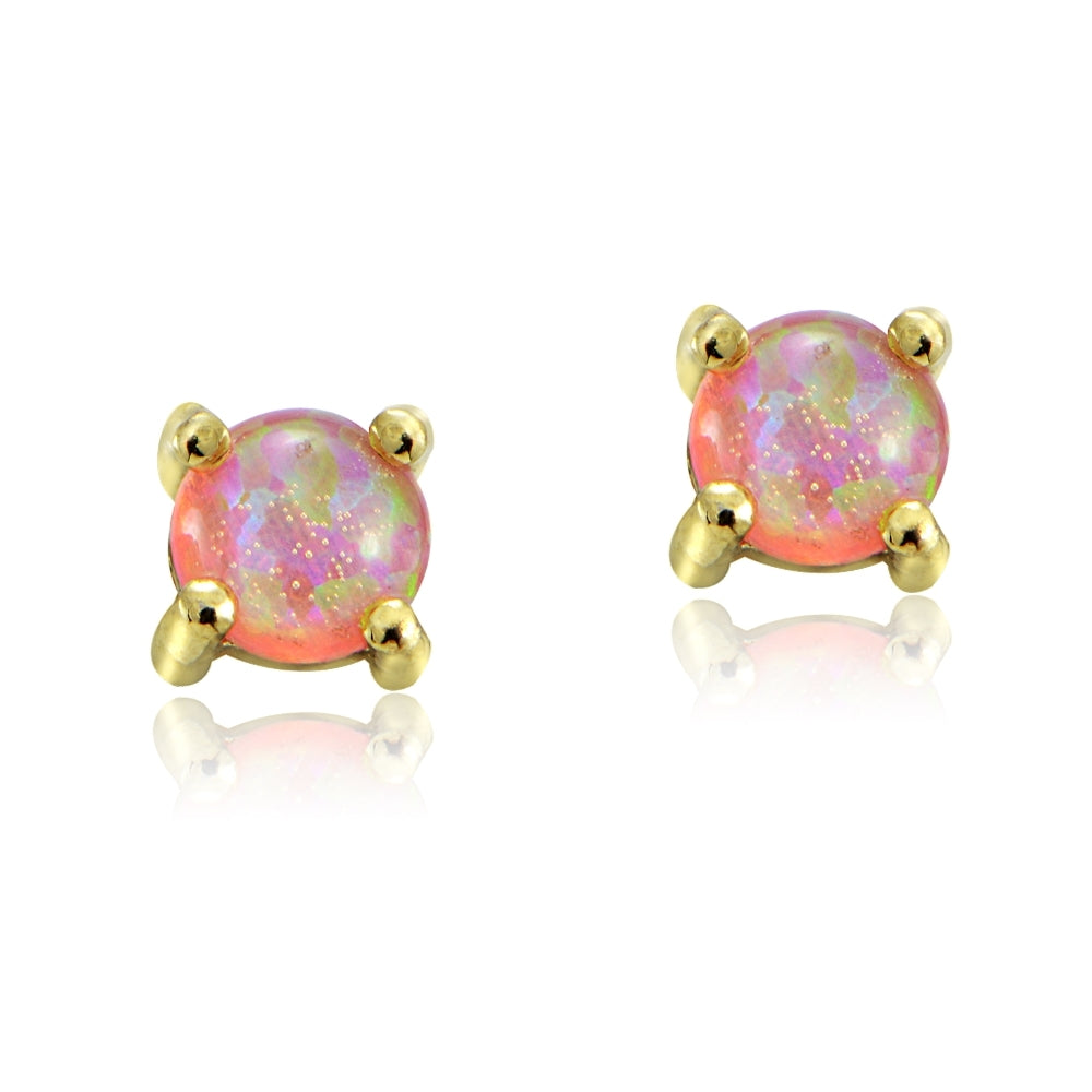 18K Gold over Sterling Silver 4mm Round Created Fiery Pink Opal Stud Earrings