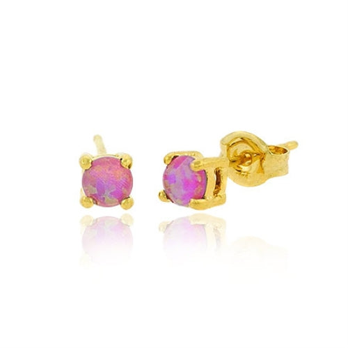 18K Gold over Sterling Silver 4mm Round Created Fiery Pink Opal Stud Earrings-3