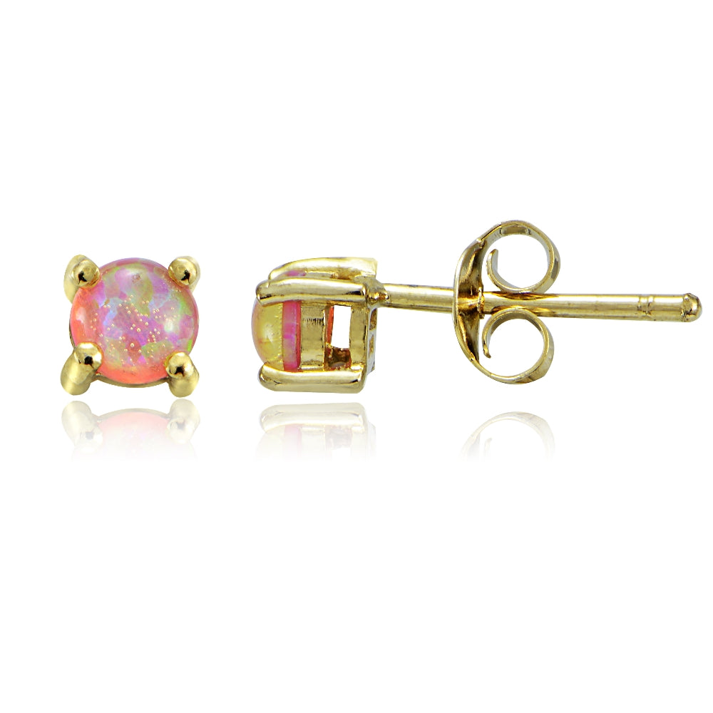 18K Gold over Sterling Silver 4mm Round Created Fiery Pink Opal Stud Earrings-4