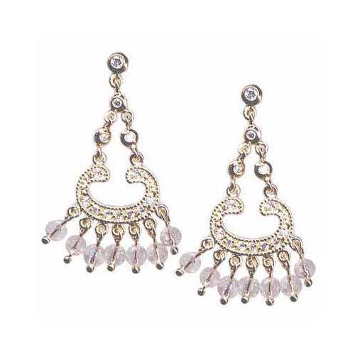 18K Gold over Sterling Silver Pink & Clear CZ Beads Chandelier Earrings