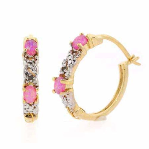 18K Gold over Sterling Silver Created Pink Opal & Diamond Accent X & Oval Hoop Earrings