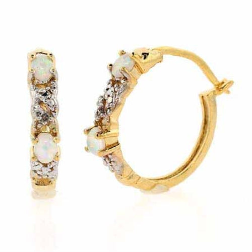 18K Gold over Sterling Silver Created White Opal & Diamond Accent X & Oval Hoop Earrings