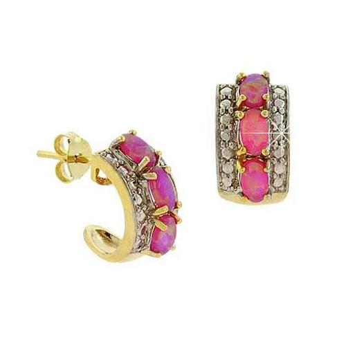 18K Gold over Sterling Silver Diamond Accent & Created Pink Opal Half Hoop Earrings