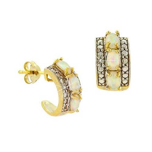 18K Gold over Sterling Silver White Opal & Diamond Accent Half Hoop Earrings