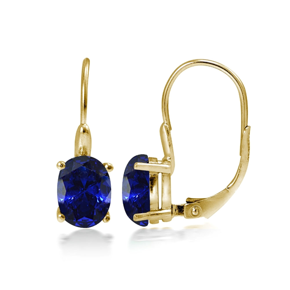 Yellow Gold Flashed Sterling Silver Created Blue Sapphire 8x6mm Oval Leverback Earrings