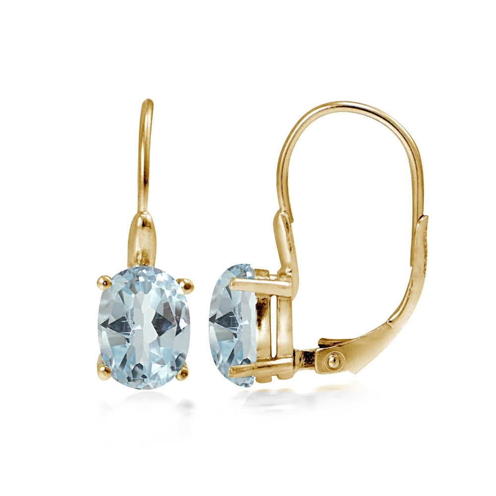 Yellow Gold Flashed Sterling Silver Blue Topaz 8x6mm Oval Leverback Earrings