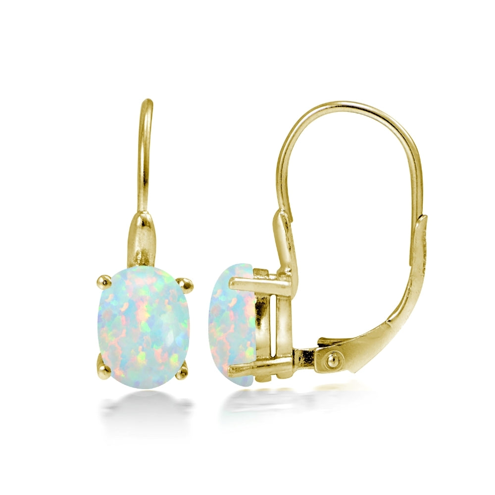 Yellow Gold Flashed Sterling Silver Created Opal 8x6mm Oval Leverback Earrings