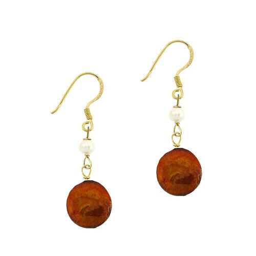 18K Gold over Sterling Silver Freshwater Cultured Amber Coin Pearl Earrings