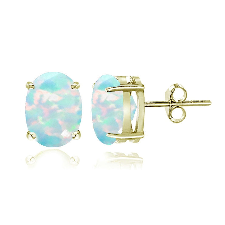 Yellow Gold Flashed Sterling Silver Created White Opal 6x4mm Oval-Cut Solitaire Stud Earrings