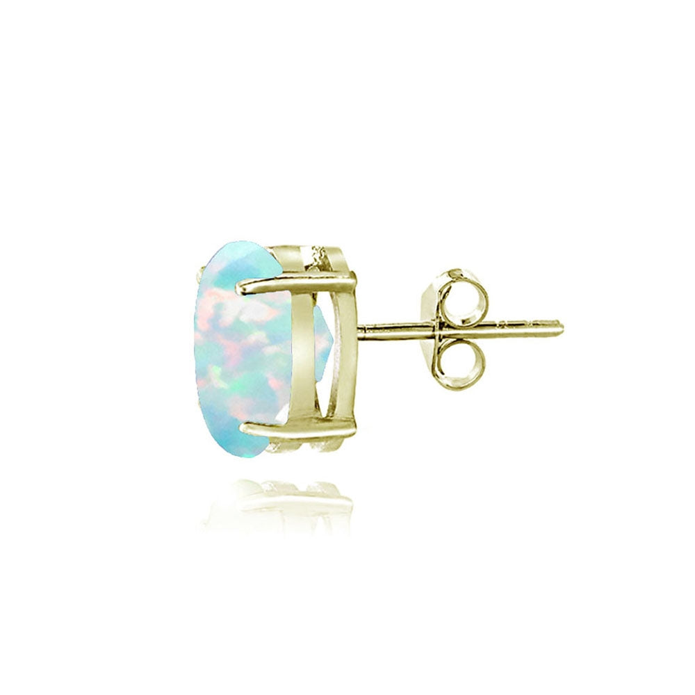 Yellow Gold Flashed Sterling Silver Created White Opal 6x4mm Oval-Cut Solitaire Stud Earrings-2