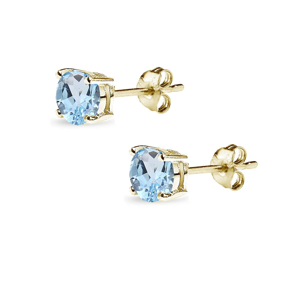 Yellow Gold Flashed Sterling Silver Blue Topaz 5mm Round-Cut Solitaire Stud Earrings-2